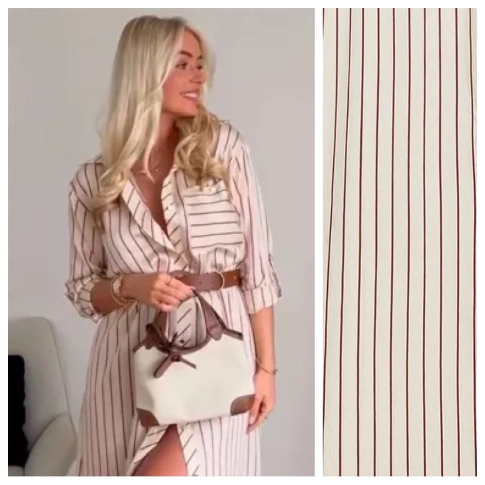 NWT. Zara Ecru/Maroon Striped Belted Midi Dress. Size S.